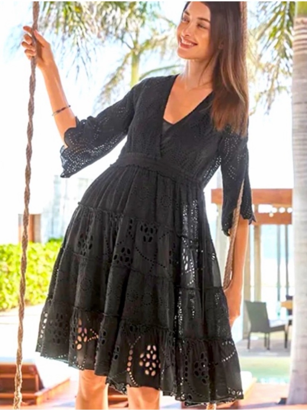 Johnny Was Bluebelle Dress in Black, size XS eyelet dress with sleeves